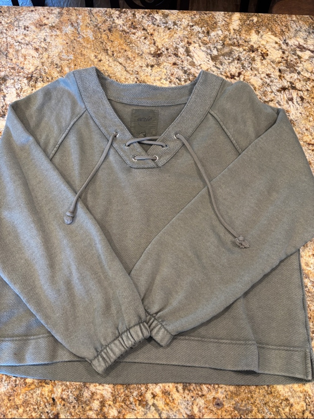 Aerie Women’s  Lace-Up V-Neck Sweatshirt— Sage Green